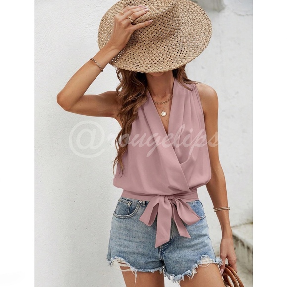 Pink V-Neck Surplice Tie Waist Top - Picture 6 of 8